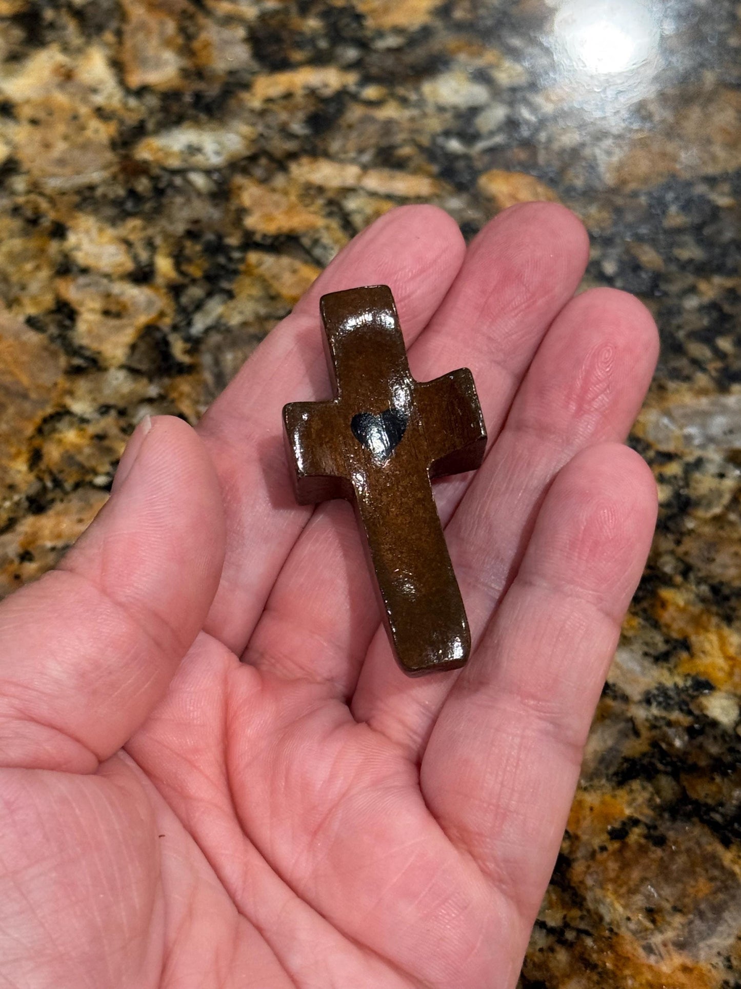 Black Walnut Wood Cross: 3D Carved Pocket Prayer Decor