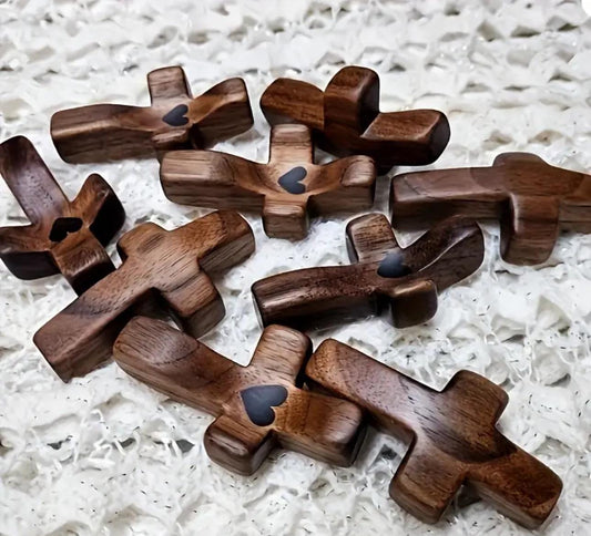 Black Walnut Wood Cross: 3D Carved Pocket Prayer Decor